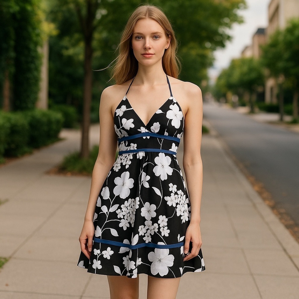 B~WEAR BYER CALIFORNIA Halted Dress Junior Girls Size 9 Black Floral Belted NWOT